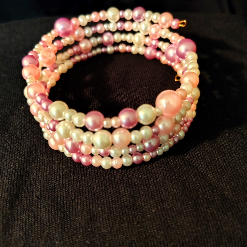 HANDMADE Pink And White Faux Pearl Memory Wire Wrap Bracelet